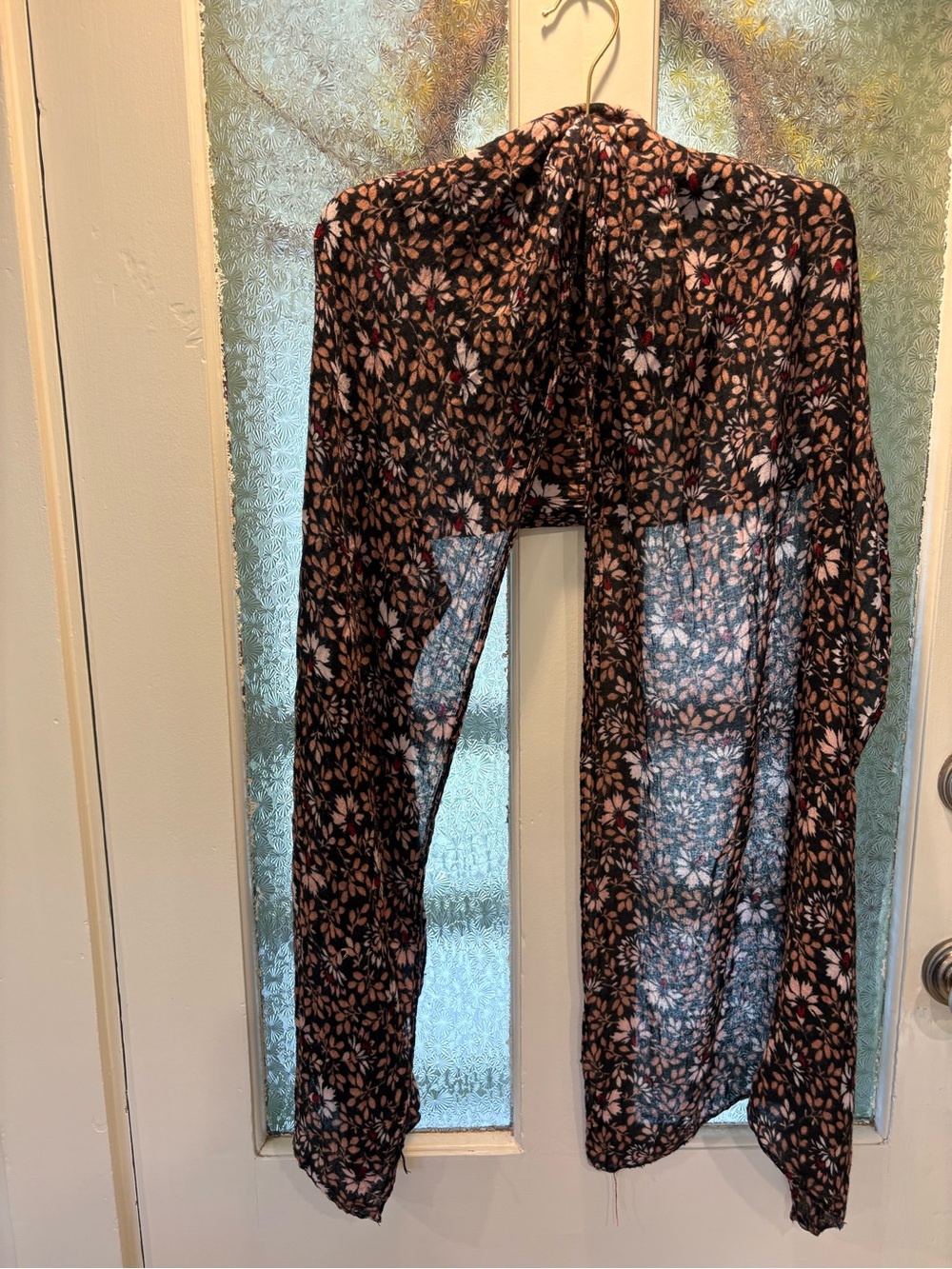 Lands' End Black Floral Sheer Scarf with Pink and Cream Flowers